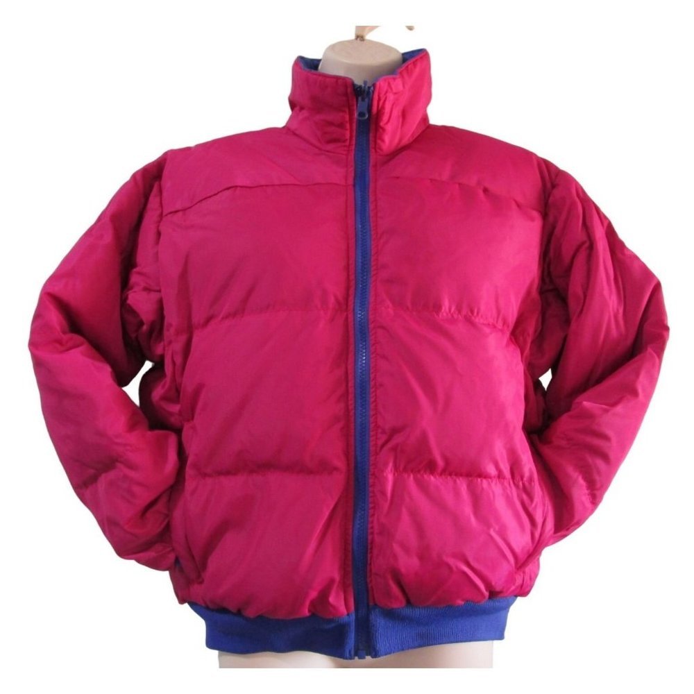 Columbia Fuchsia Royal Blue Reversible Duck Down Puffer Jacket Ladies Medium EUC